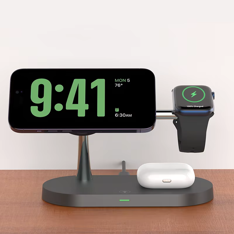 Kjell-3-i-1 trådlös laddningsstation för iPhone 12/13/14/15/16/17 snabbladdningsstation för Apple Watch 10 9 8 7 6 5 4 Airpods 2 3 Pro