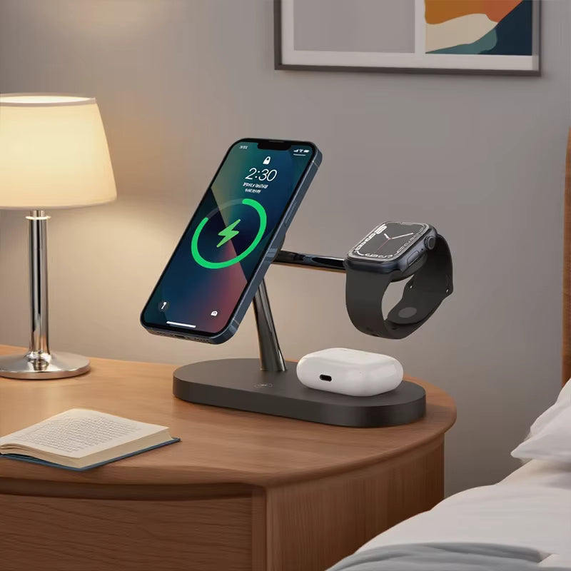 Kjell-3-i-1 trådlös laddningsstation för iPhone 12/13/14/15/16/17 snabbladdningsstation för Apple Watch 10 9 8 7 6 5 4 Airpods 2 3 Pro