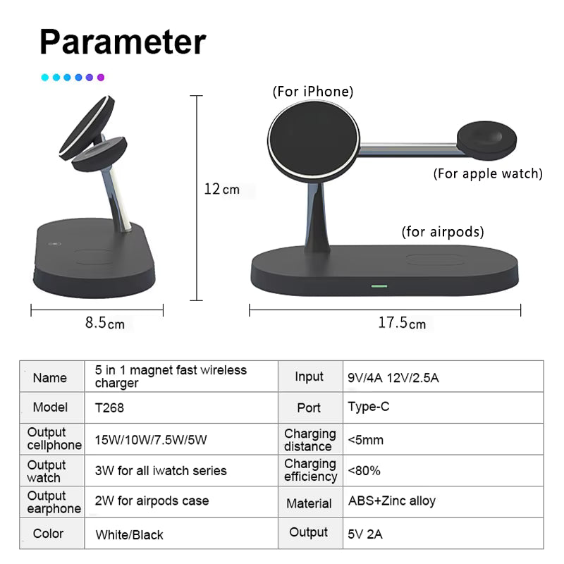 Kjell-3-i-1 trådlös laddningsstation för iPhone 12/13/14/15/16/17 snabbladdningsstation för Apple Watch 10 9 8 7 6 5 4 Airpods 2 3 Pro