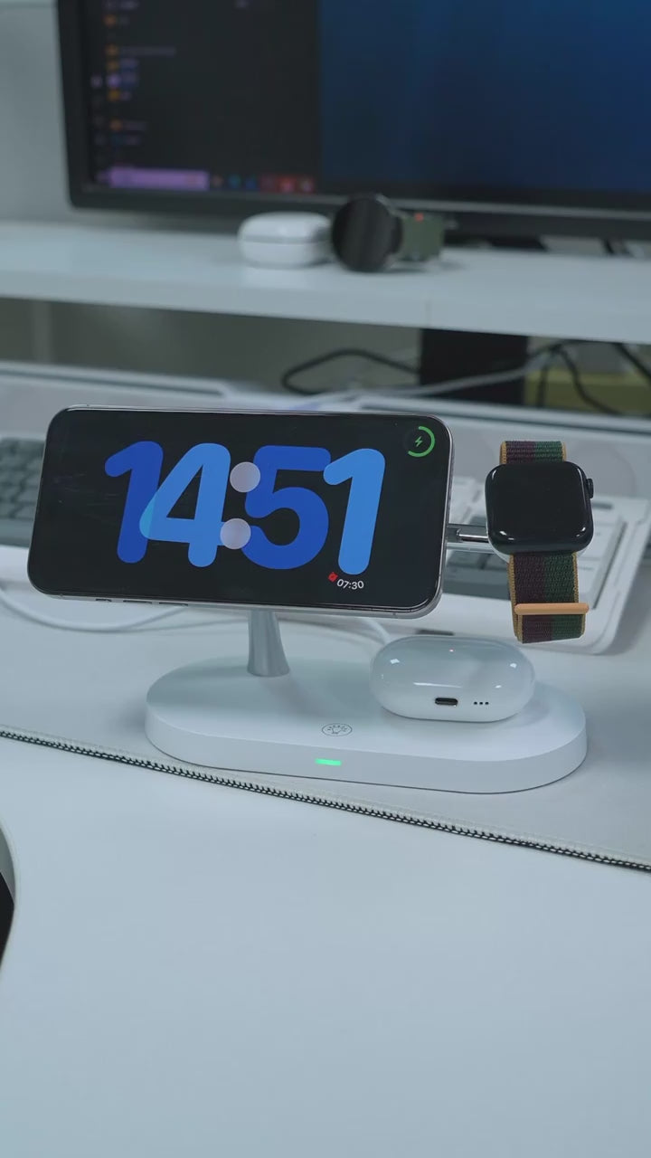 Kjell-3-i-1 trådlös laddningsstation för iPhone 12/13/14/15/16/17 snabbladdningsstation för Apple Watch 10 9 8 7 6 5 4 Airpods 2 3 Pro